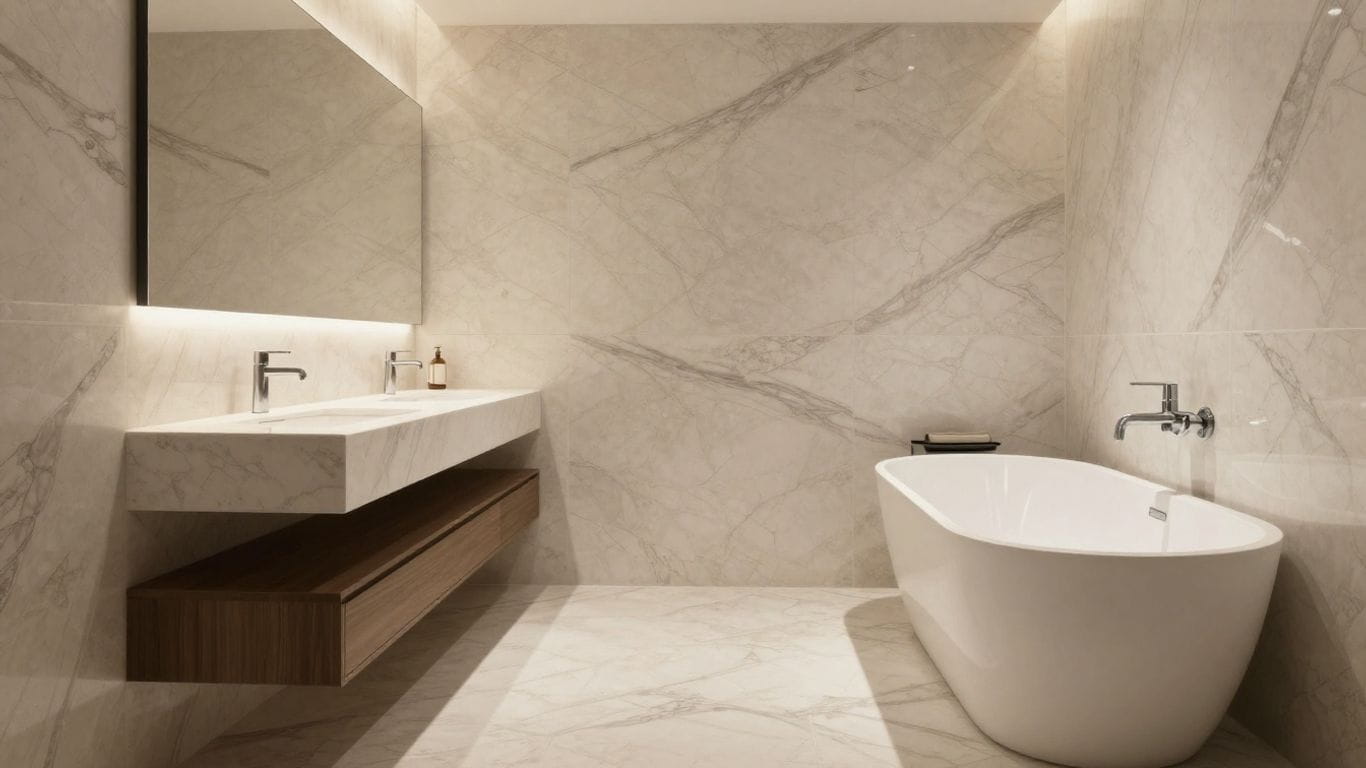 Vein cut travertine bathroom with linear patterns.
