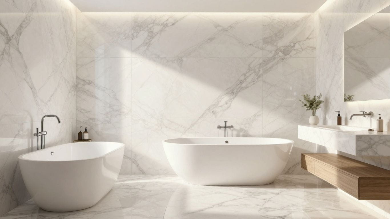 Elegant Thassos marble bathroom interior sketch.
