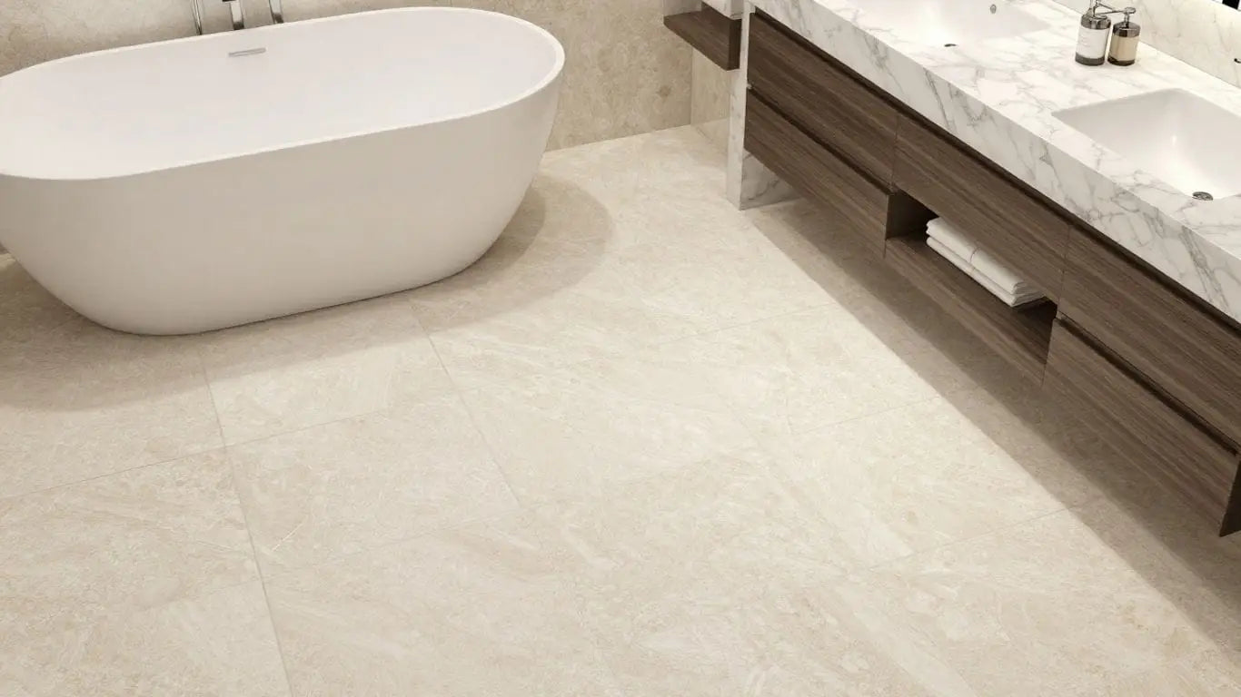 Travertine tile floor in a bathroom sketch.