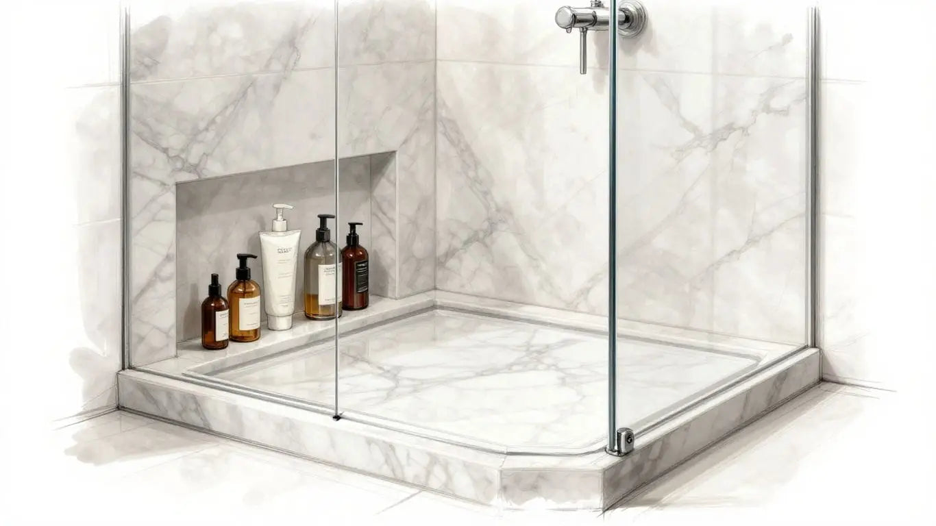 Custom marble shower niche in a modern bathroom.