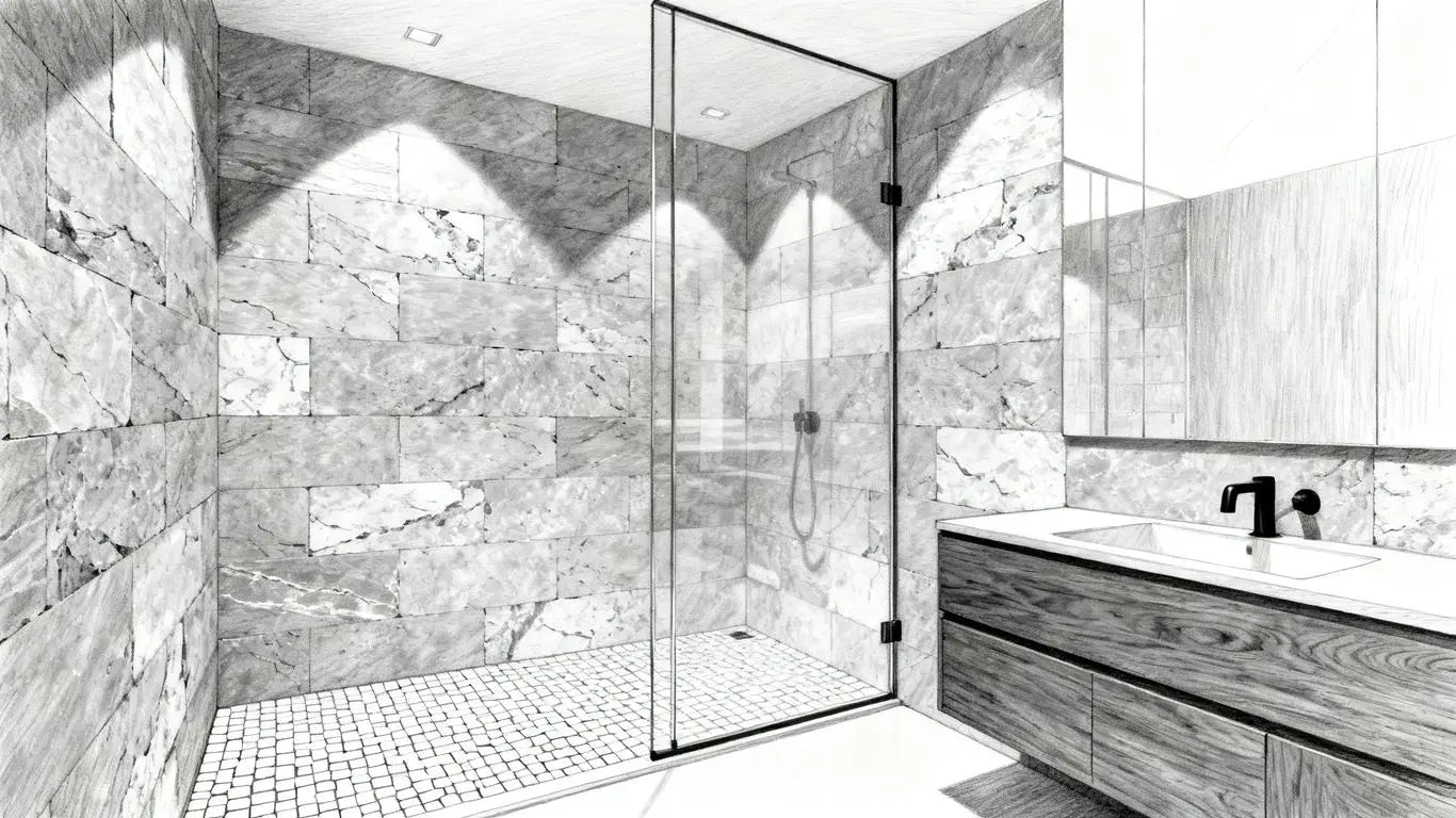 Finished travertine bathroom with layered lighting
