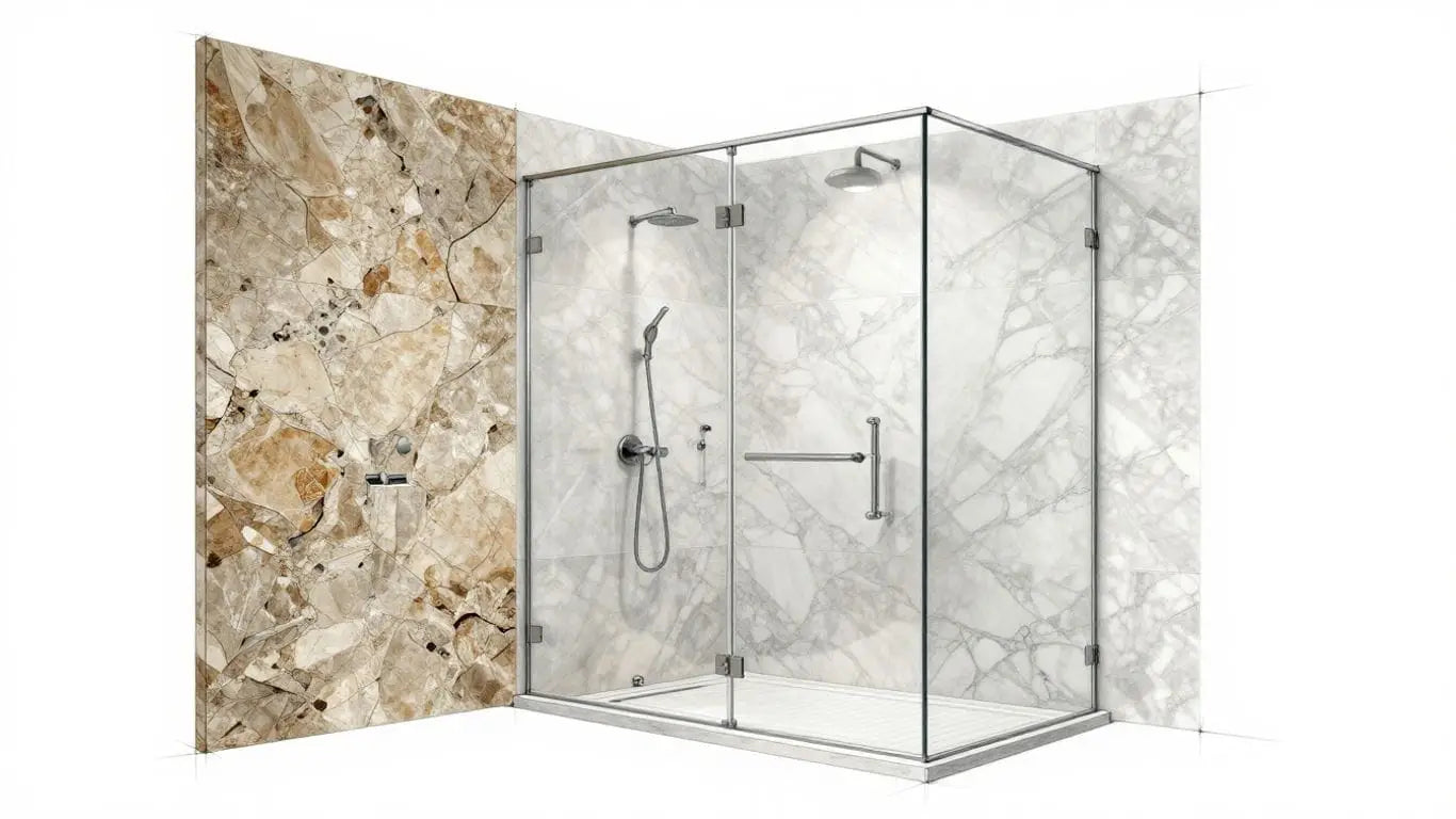 Marble and limestone walk-in shower sketch