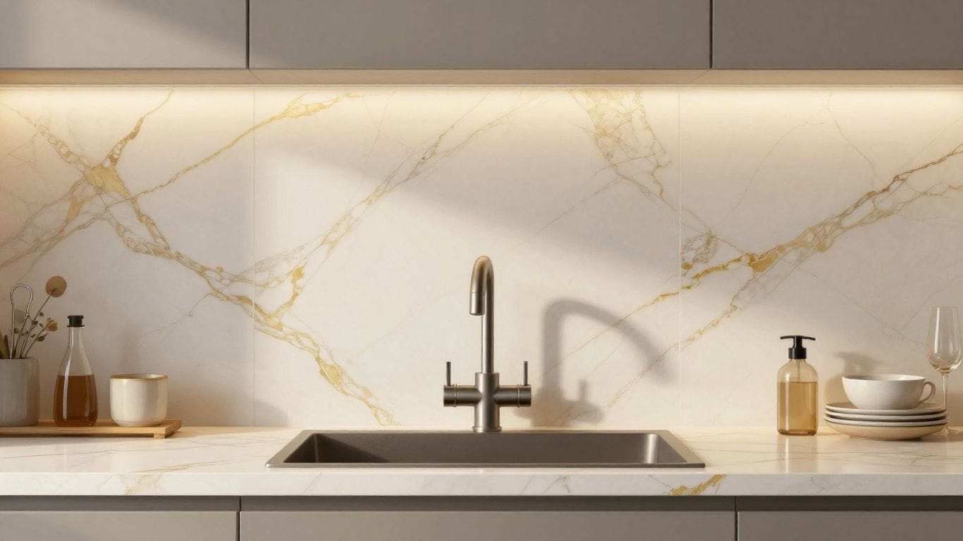 Calacatta Gold marble tiles on a kitchen backsplash