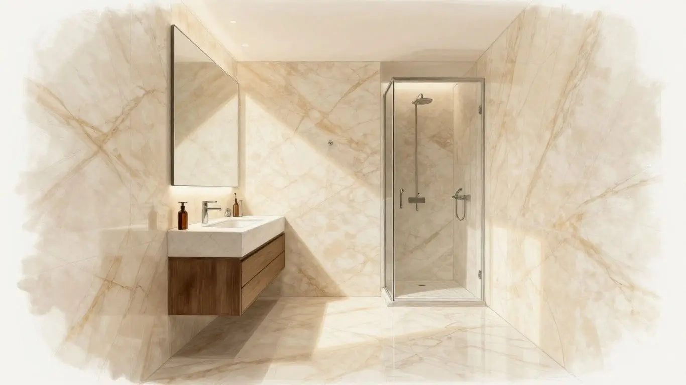 Crema Marfil marble in a small, elegant bathroom.