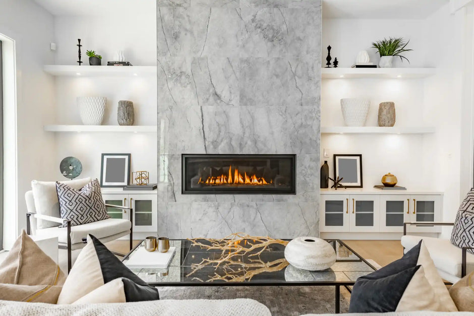 Modern living room fireplace.