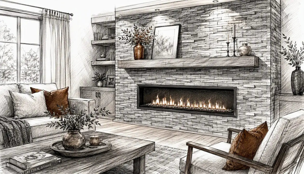 Contemporary stacked ledgestone fireplace with linear insert