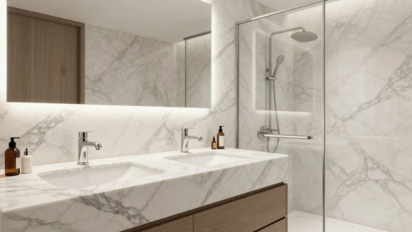 Marble bathroom vanity and shower wall sketch.