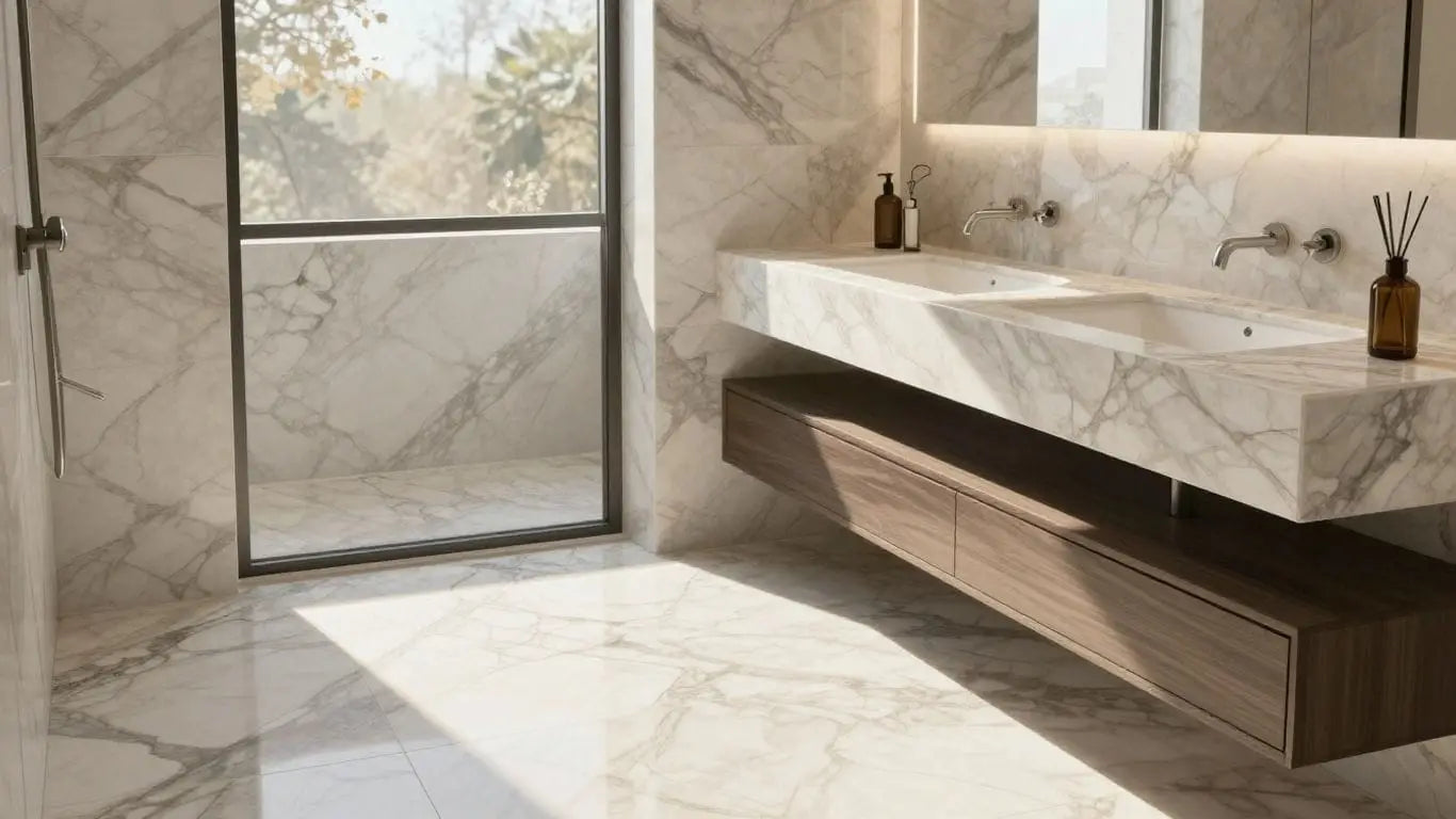 Elegant bathroom with real marble tiles.