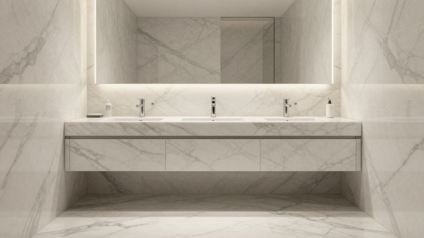 Elegant bathroom with Carrara marble tiles and vanity.