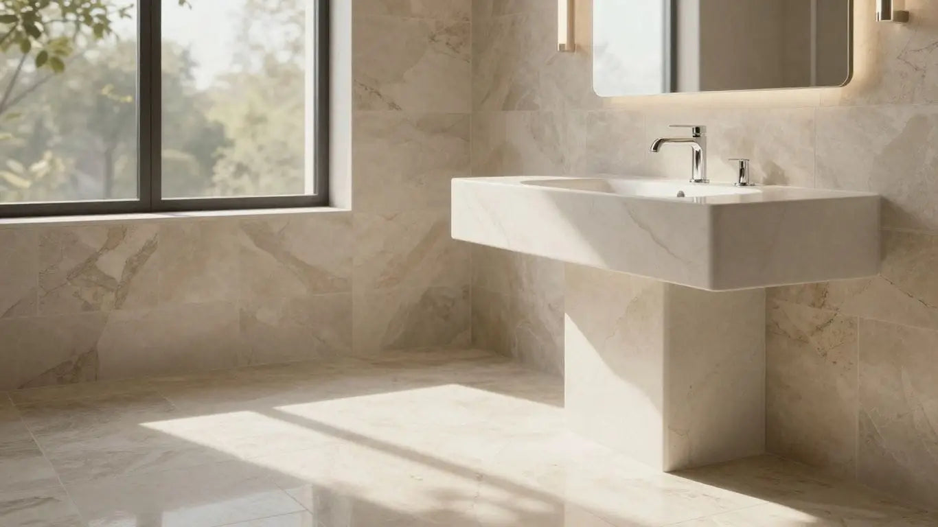 Elegant bathroom with natural stone tiles and sunlight.