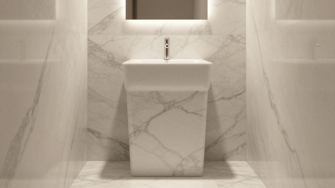 Statuario marble in a small bathroom sketch.