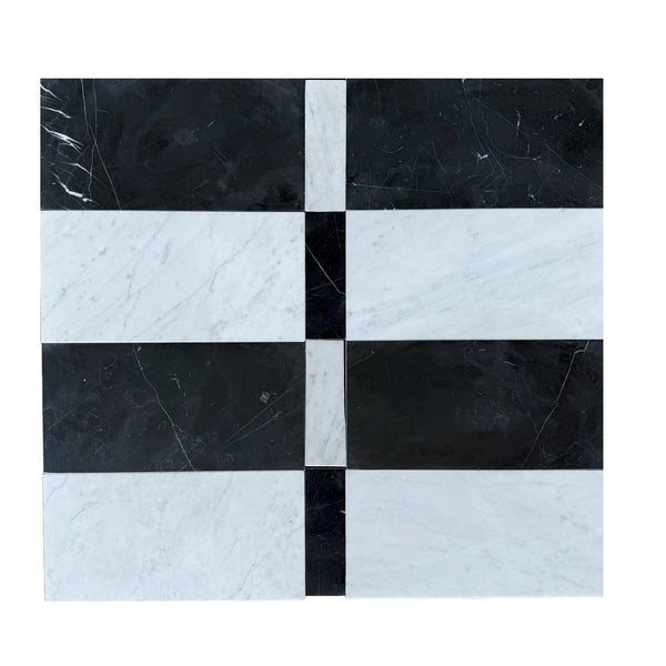 Black and white marble tile pattern of Monza in Nero Marquina and Carrara White