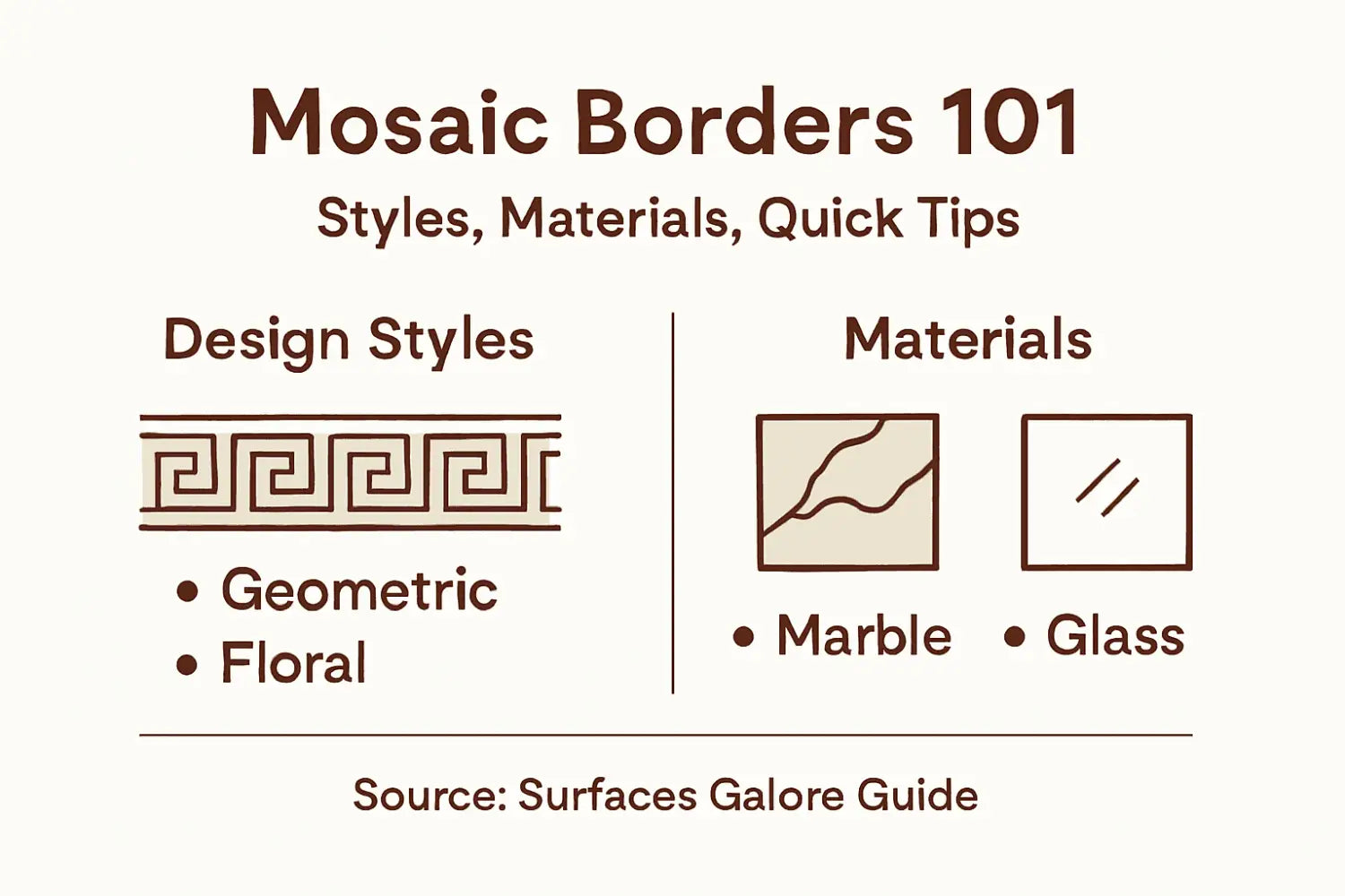Infographic showing mosaic border types and materials
