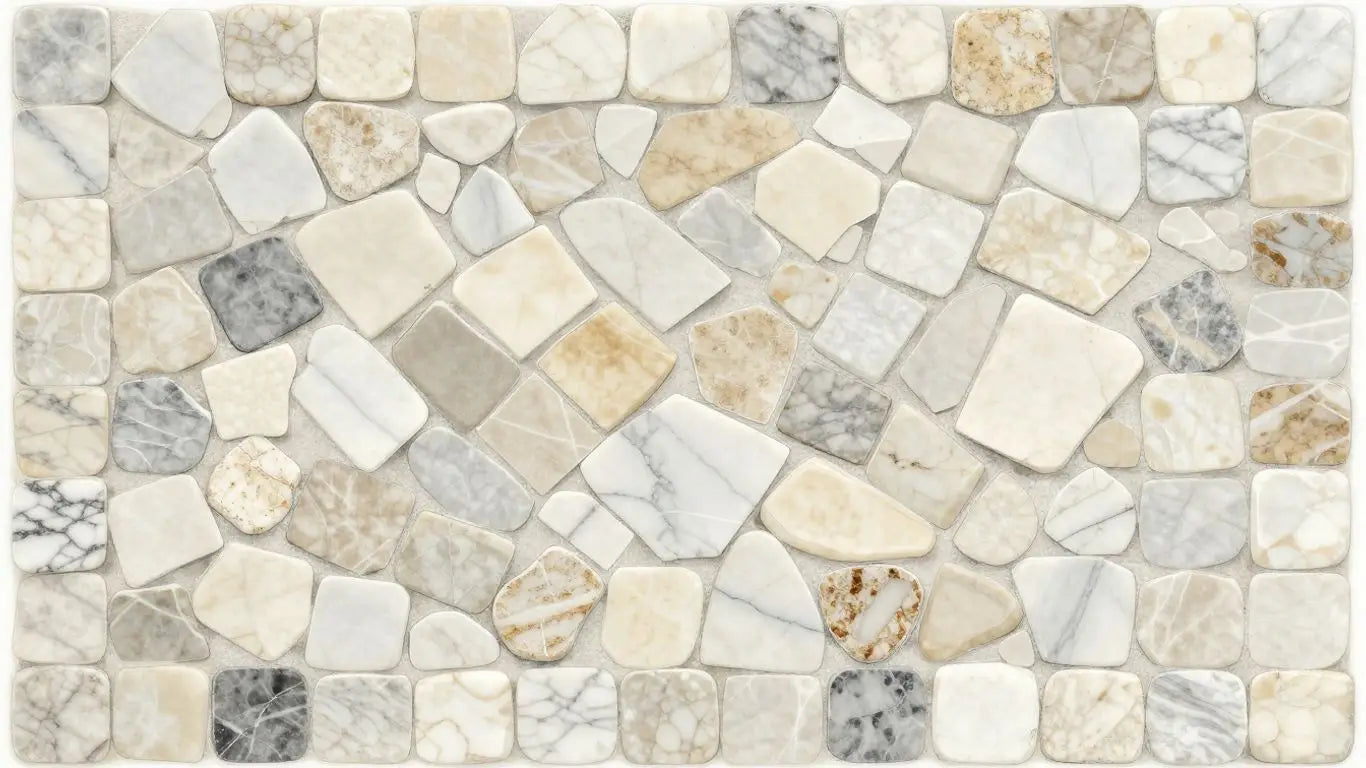 Tumbled marble mosaic sketch with intricate patterns.