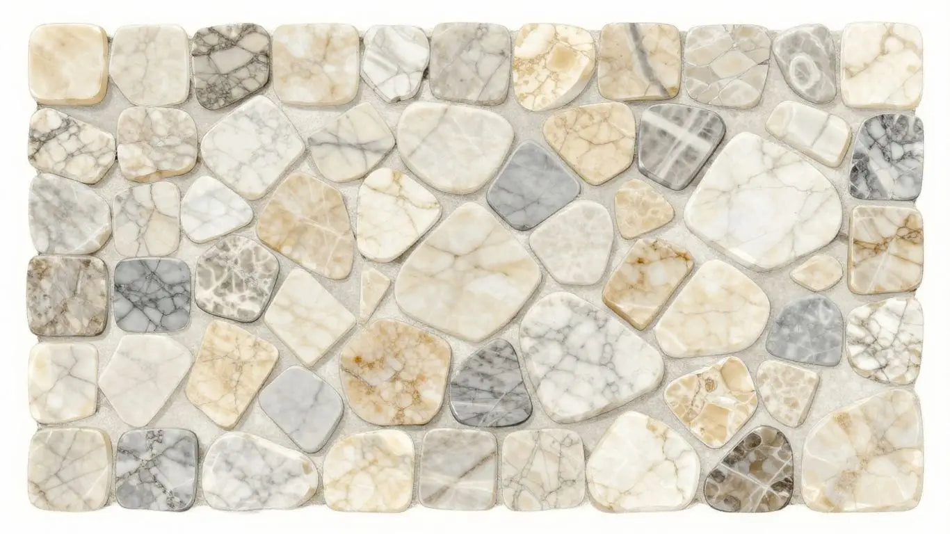 Tumbled marble mosaic sketch with intricate patterns.
