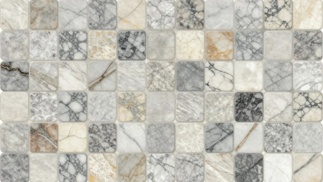 Tumbled checkerboard marble tiles sketch.