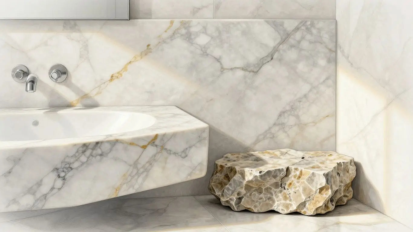 Natural stone tile and marble countertop in a bathroom.
