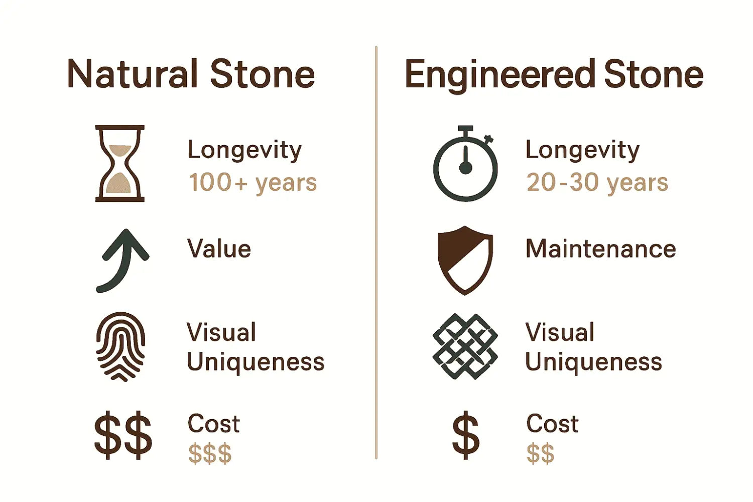 Infographic comparing natural stone and engineered alternatives on durability, uniqueness, and maintenance needs.