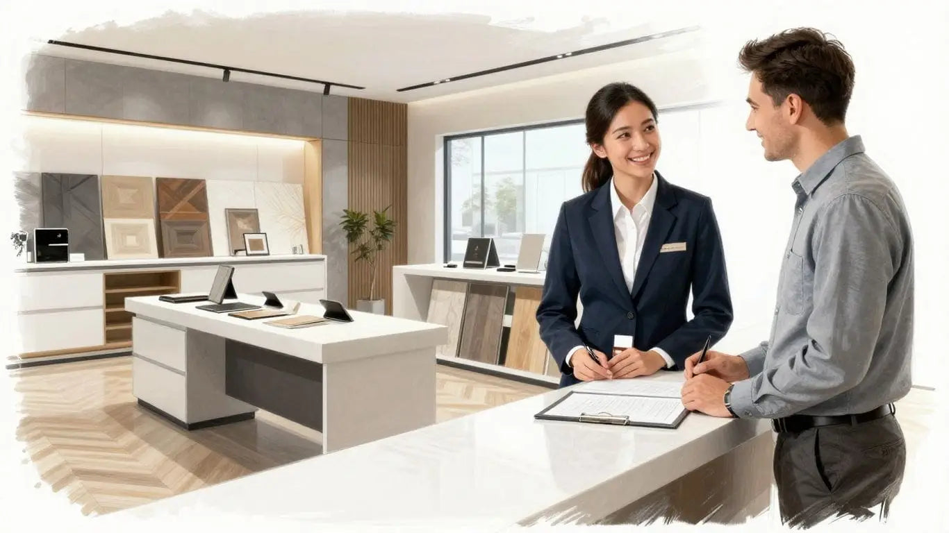 Showroom with elegant surfaces and happy customer interaction.
