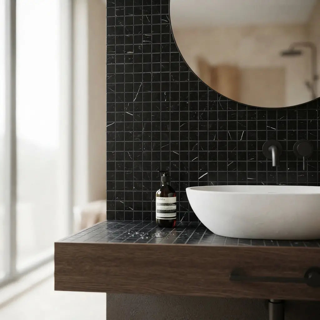 A sleek dark amber glass bottle with black pump and minimalist white label on a nero marquina black marble countertop