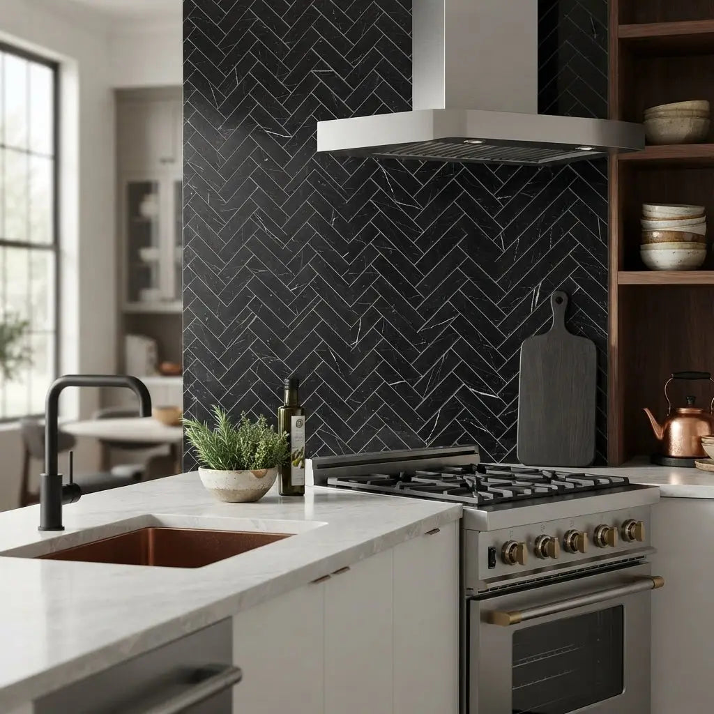 Stainless steel range with gold-colored knobs and sleek modern design paired with nero marquina black 1x4 herringbone marble mosaic