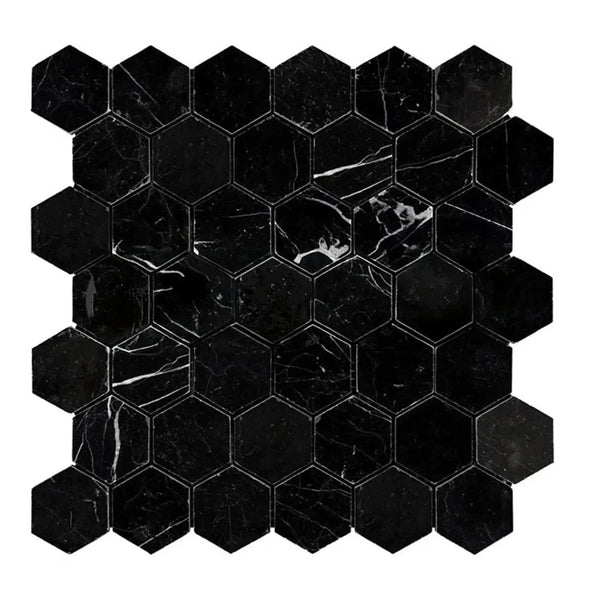Black marble hexagon tiles in Nero Marquina/Black 2 inch polished mosaic design