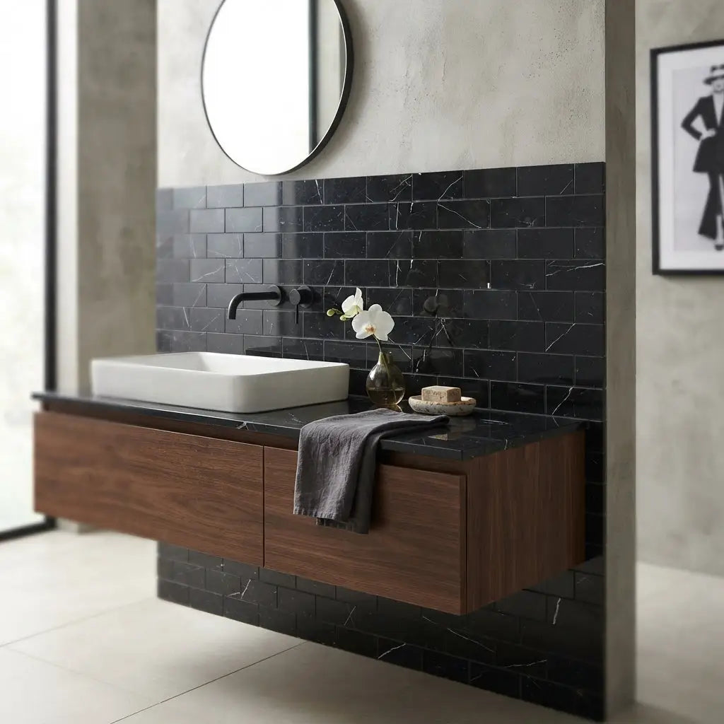 Modern floating vanity with dark wood finish and black marble countertop featuring nero marquina 2x4 brick mosaic