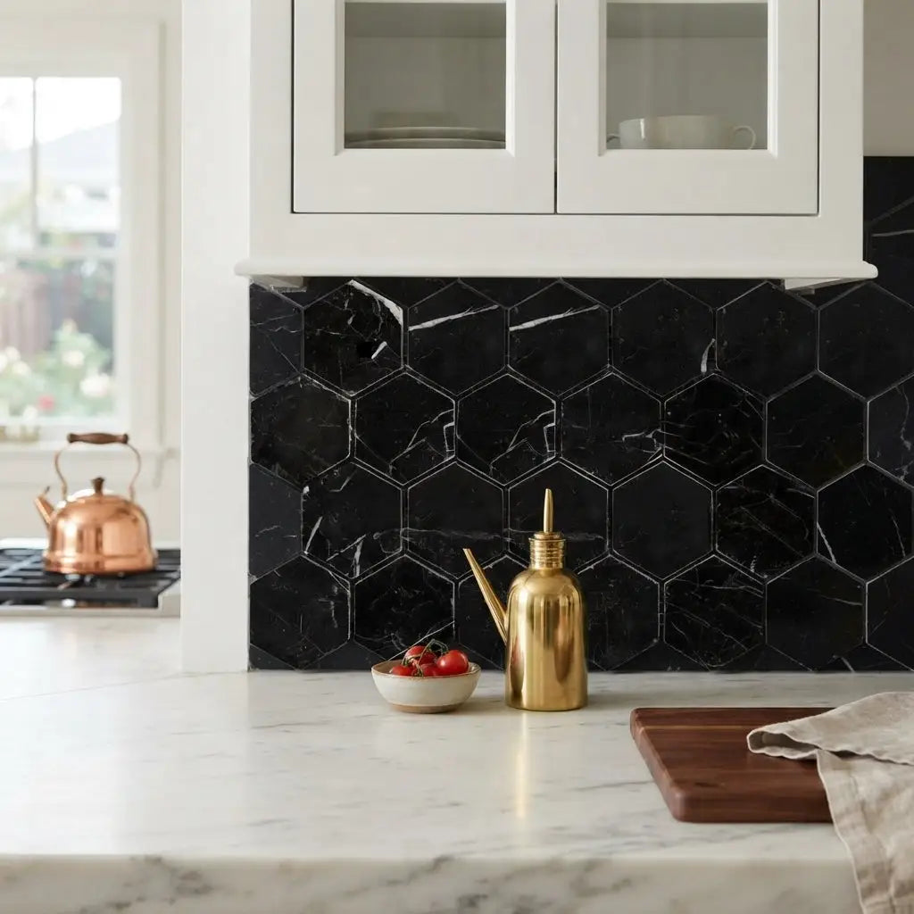 Gold oil dispenser with slender spout and polished metallic finish beside nero marquina black 3 inch hexagon marble mosaic tile