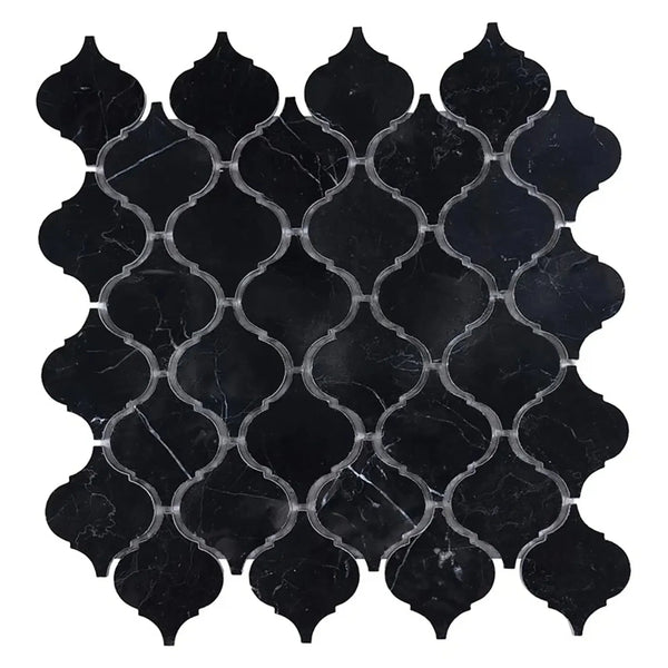 Black Marble Arabesque Mosaic Tile in Nero Marquina 3inch Lantern Design