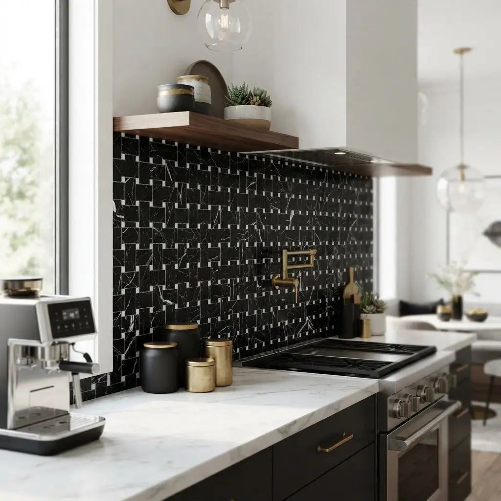 Black marble mosaic tile backsplash with geometric grid pattern in nero marquina polished or honed finish