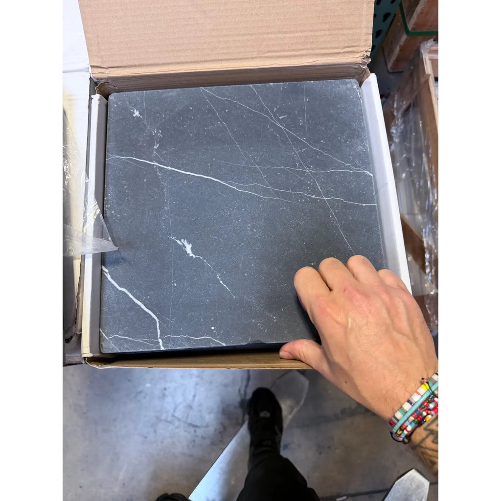 Nero Marquina black marble 12x12 tumbled tile coaster with white veining