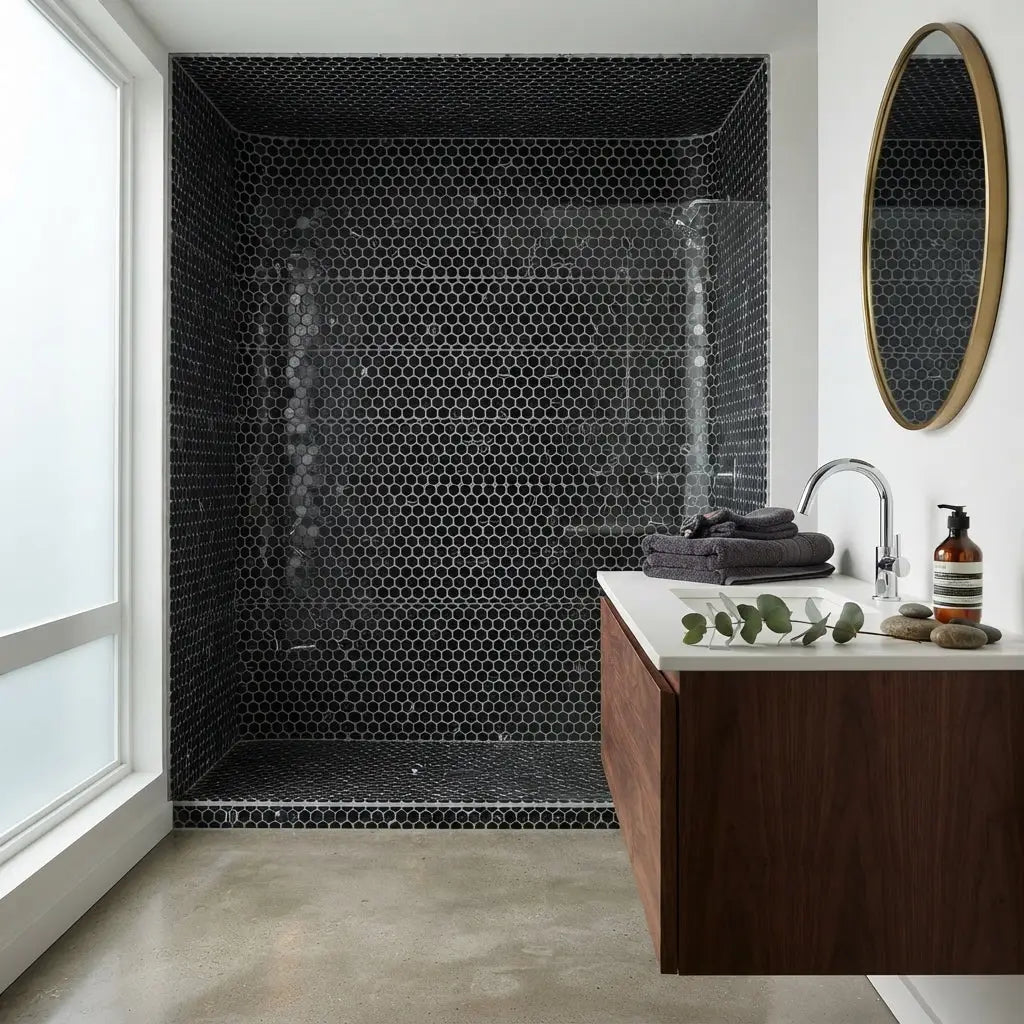 Black hexagonal Nero Marquina marble mosaic polished tiles covering the shower enclosure interior wall
