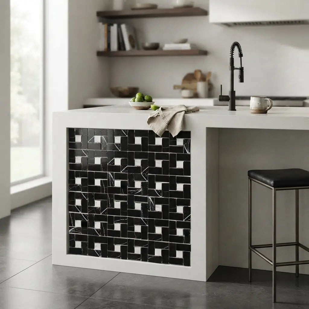 Black and white nero marquina marble mosaic panel with geometric interlocking pinwheel pattern polished or honed