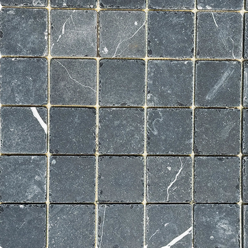 Gray marble mosaic tiles in Nero Marquina Marble 2X2 Tumbled product display