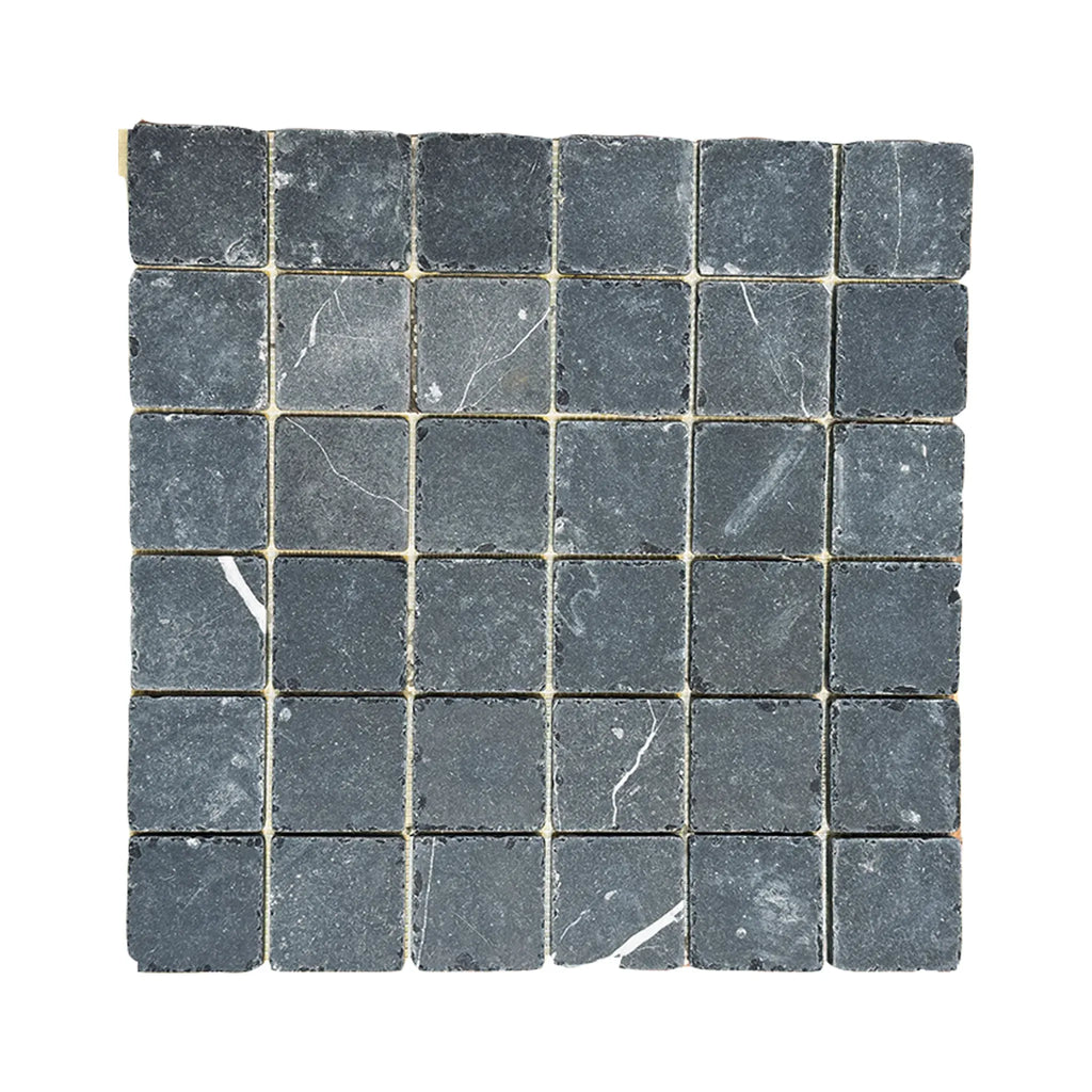 Square gray stone mosaic tile from Nero Marquina Marble 2X2 Tumbled product