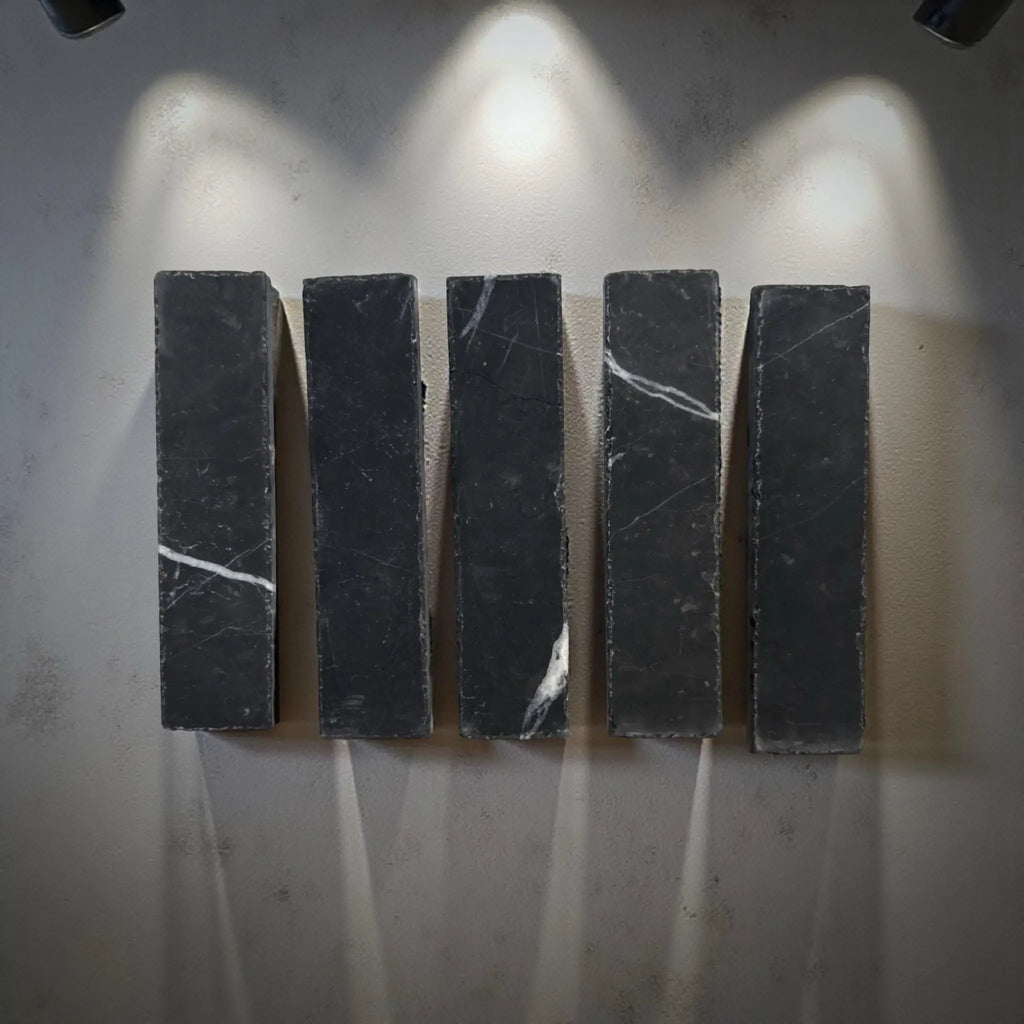 Dark marble rectangles in Nero Marquina Marble 2X8 Mosaic design, elegant and stylish