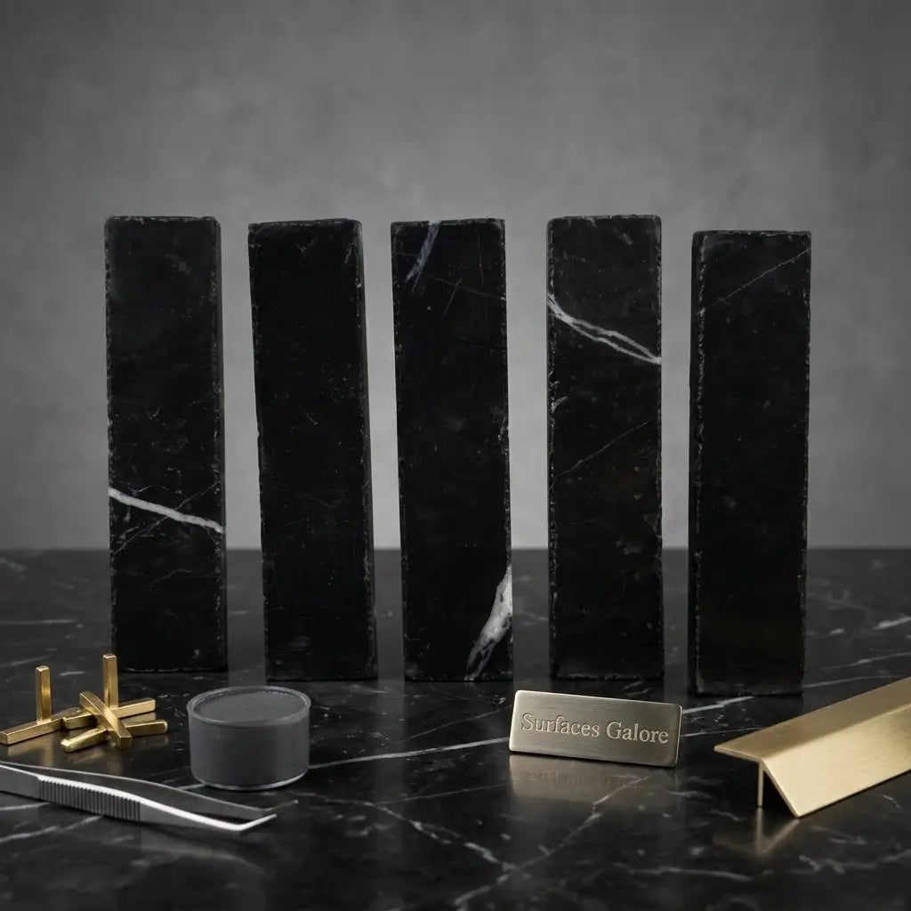 Five sleek black marble bookends with subtle white veining in nero marquina marble 2x8 mosaic style stand upright
