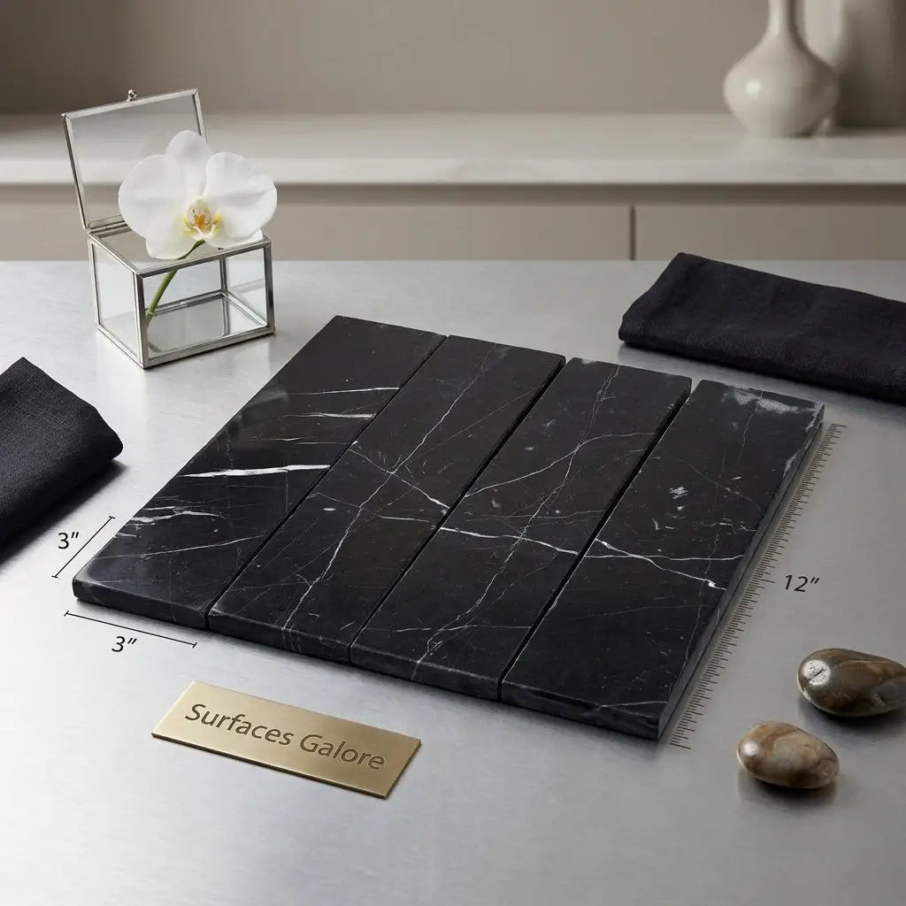 Nero marquina marble 3 x 12 inch black marble tile placemat with white veining in a rectangular layout