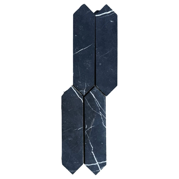 Black marble mosaic tiles in Nero Marquina Marble 3’’ X 12’’ Picket Mosaic design