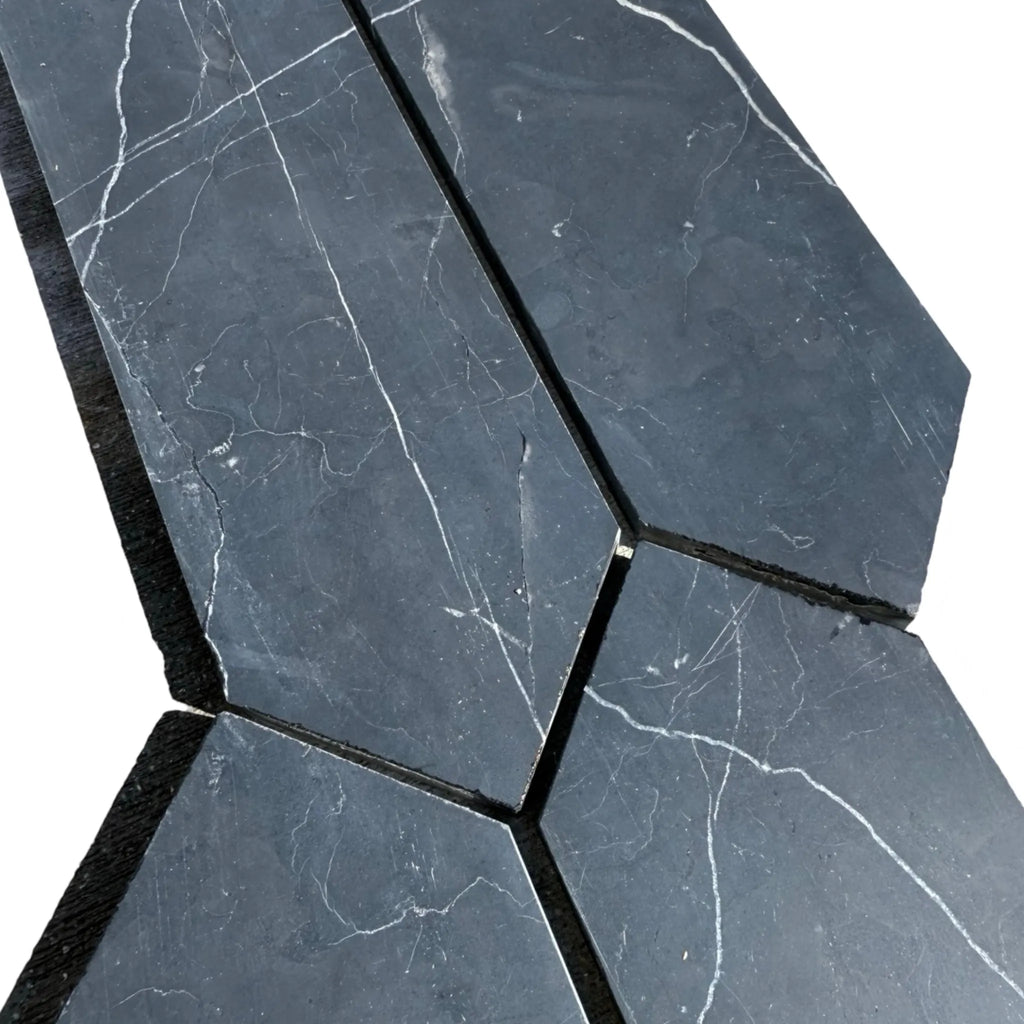 Dark marble geometric tiles from Nero Marquina Marble 3’’ X 12’’ Picket Mosaic