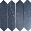 Nero Marquina Marble 3 X 12 Picket Mosaic showcasing four dark tiles with white veining