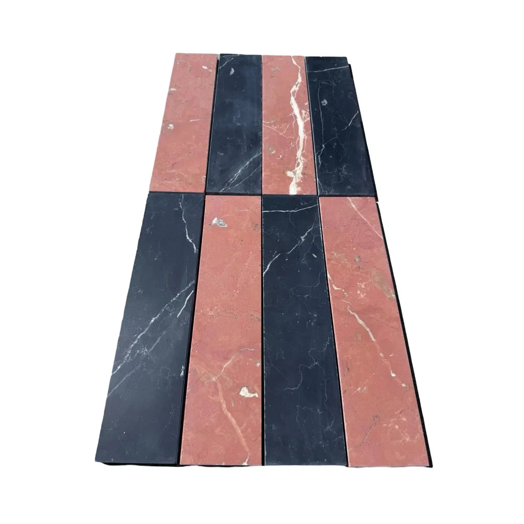 Alternating black and red marble tiles in Nero Marquina Rojo Alicante 3’’ X 12’’ Field Tile