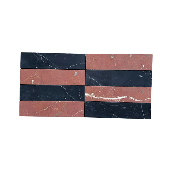 Rectangular Nero Marquina and Rojo Alicante marble tiles in black and red pattern