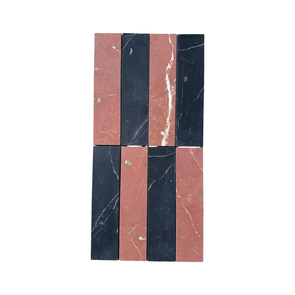 Rectangular Nero Marquina and Rojo Alicante black and red marble tiles displayed