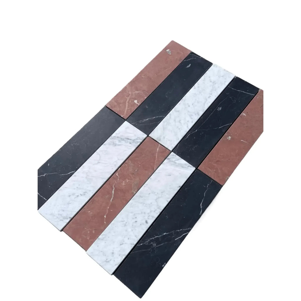 Rectangular marble tiles in alternating colors of Nero Marquina, Rojo Alicante, and Carrara White