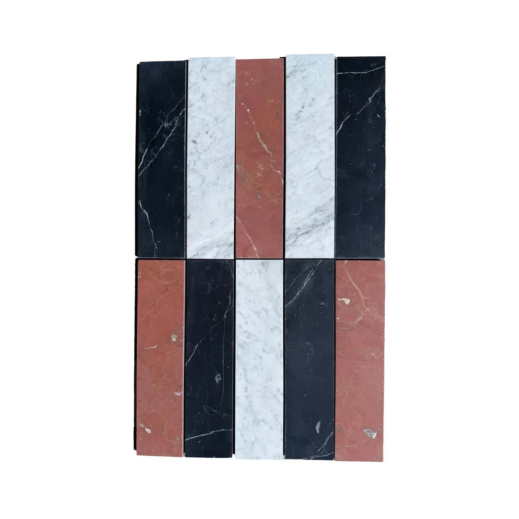 Rectangular marble tiles in alternating colors of Nero Marquina, Rojo Alicante, and Carrara White