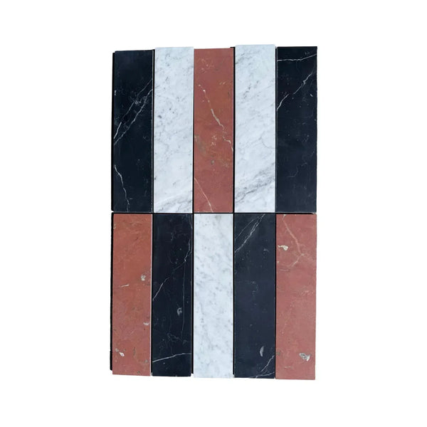 Rectangular marble tiles in alternating colors of Nero Marquina, Rojo Alicante, and Carrara White