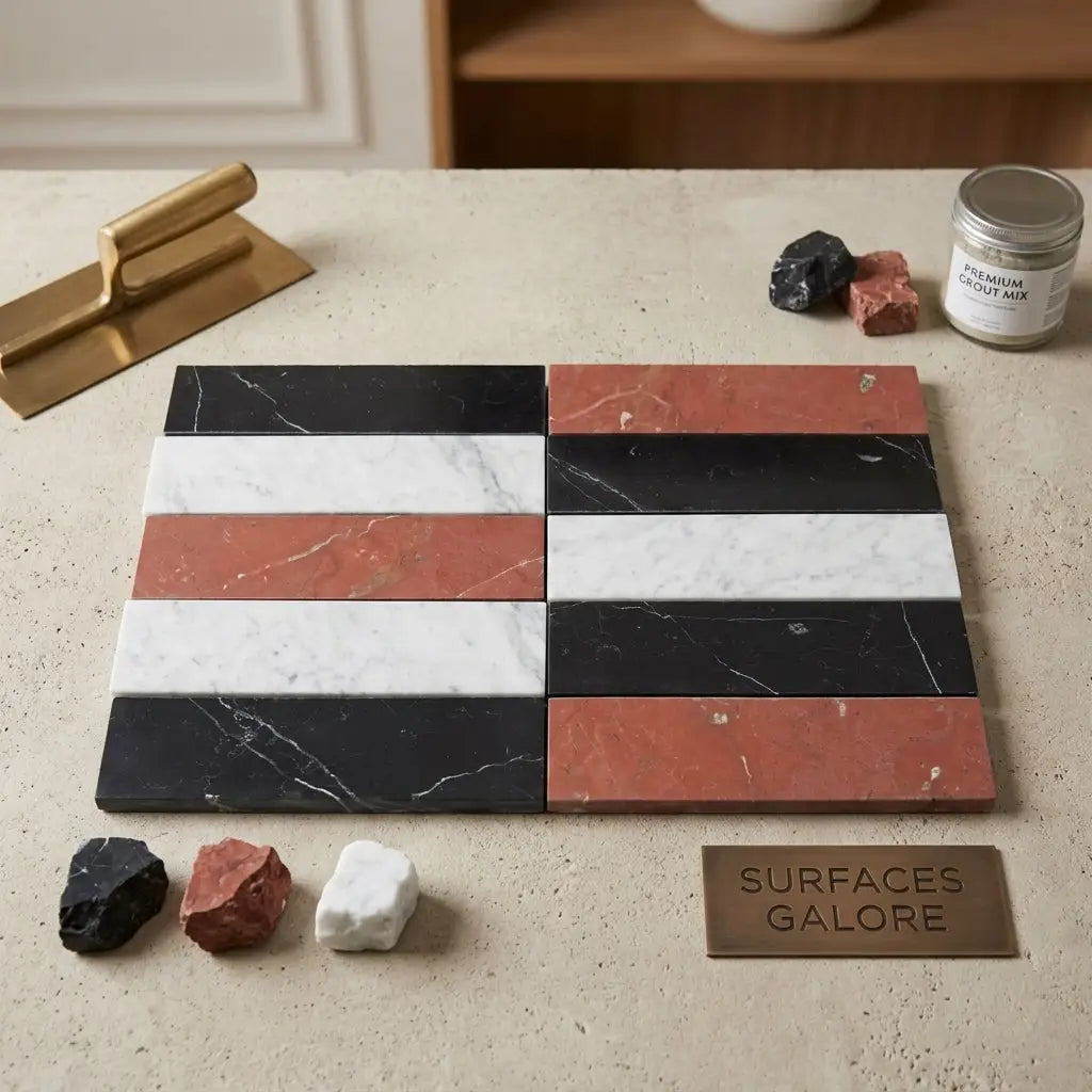 Set of nero marquina black, rojo alicante terracotta, and carrara white rectangular marble tiles with natural veining in striped pattern