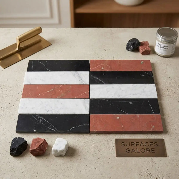 Set of nero marquina black, rojo alicante terracotta, and carrara white rectangular marble tiles with natural veining in striped pattern
