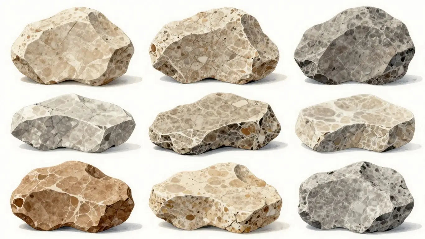 Earth-toned limestone slabs with varied textures and patterns.